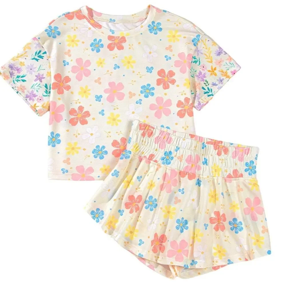 Floral Print Crop Top Wide Leg Short Set New Sizes S M L XL